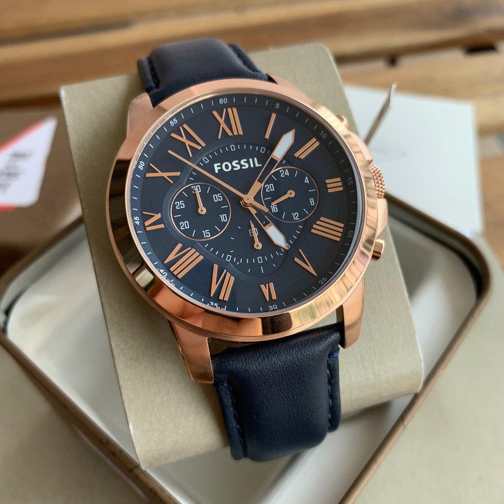 grant chronograph navy leather watch fossil