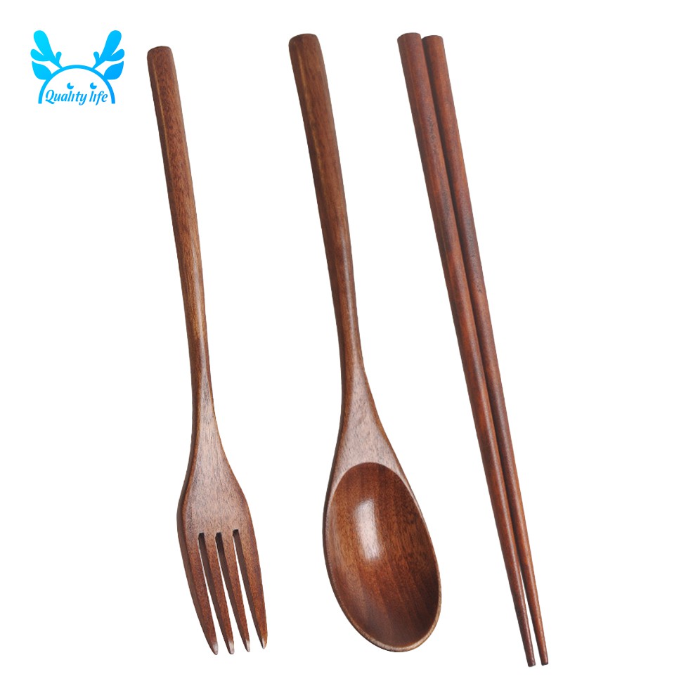 （qualitylife）Wooden Cutlery Set Portable Eco Friendly Reusable Flatware Utensils Set Spoon Fork Chopsticks for Camping Office Lunch