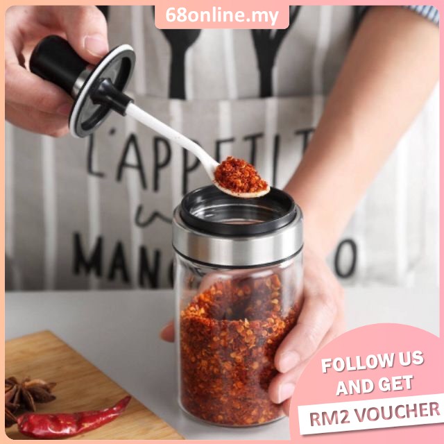 [Johor Seller] 250ml Kitchen Borosilicate Glass Spice Jar Set/Seasoning Bottle Dispensers/Glass Spoon Containers Jar