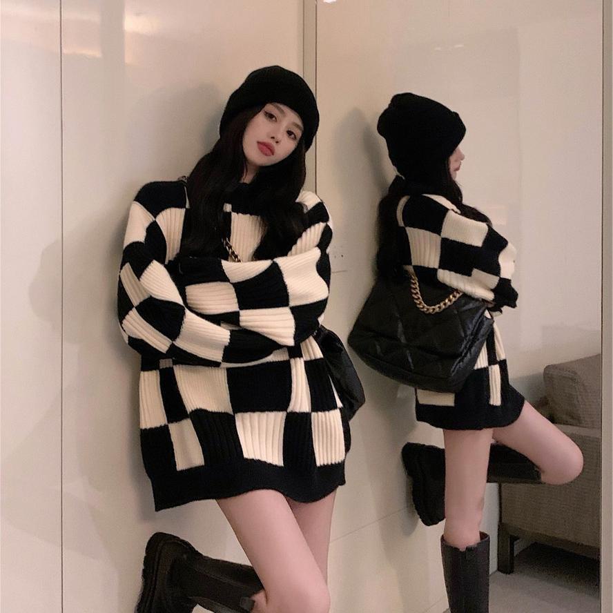 Checkerboard Loose Lazy Style Sweater Women Thickened Autumn Winter High-End Design Sense Niche Knitted Top 2022 New