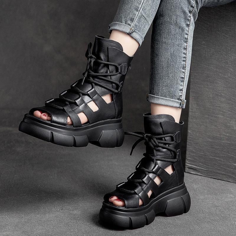 New Korean Style Summer Vintage Wedge Heel Soft Leather Sandal Boots Women Platform High Roman Martin Boots Hollow Ankle Boots