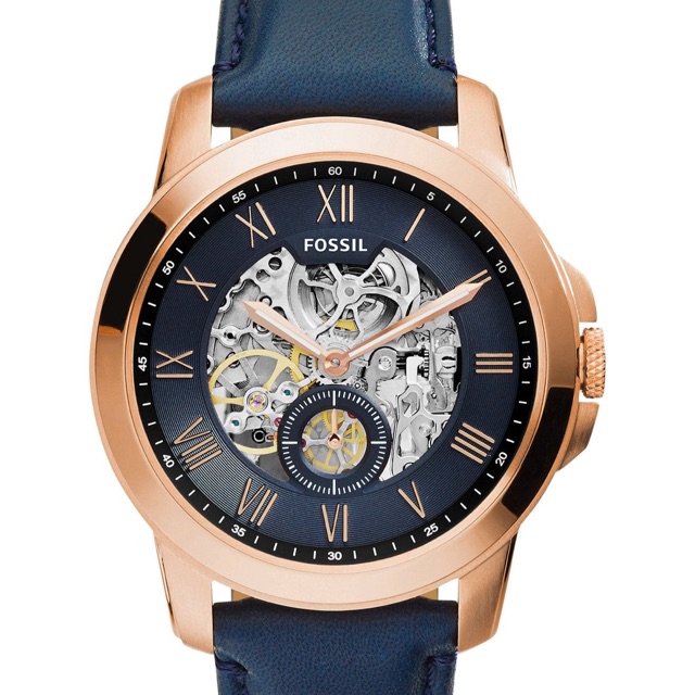 fossil grant automatic blue leather watch