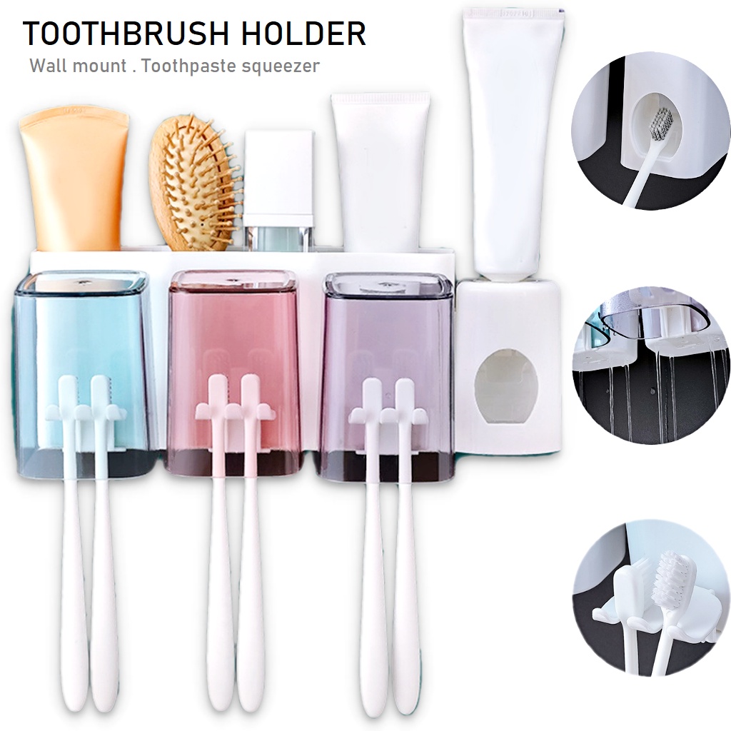 Wall Mounted Toothbrush Holder Cup Toothpaste Dispenser Squeezer Bathroom Organizer Storage Rack Tooth Brush