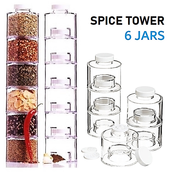 Spice Tower 6 Self-Stacking Spice Organiser Rack Jar Bottles Salt ...