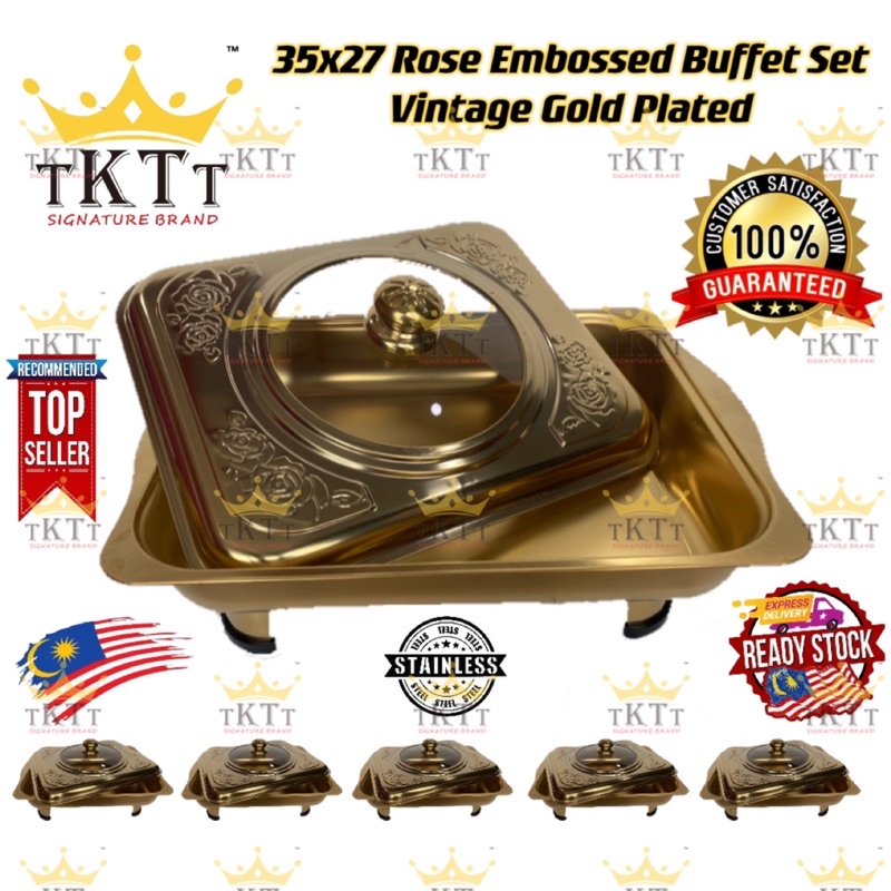 TKTT 35x27 Vintage Gold Rose Embossed Buffet Set Serving Dishes Curve Cut Catering Food Pan Tray Lauk Emas Serbaguna