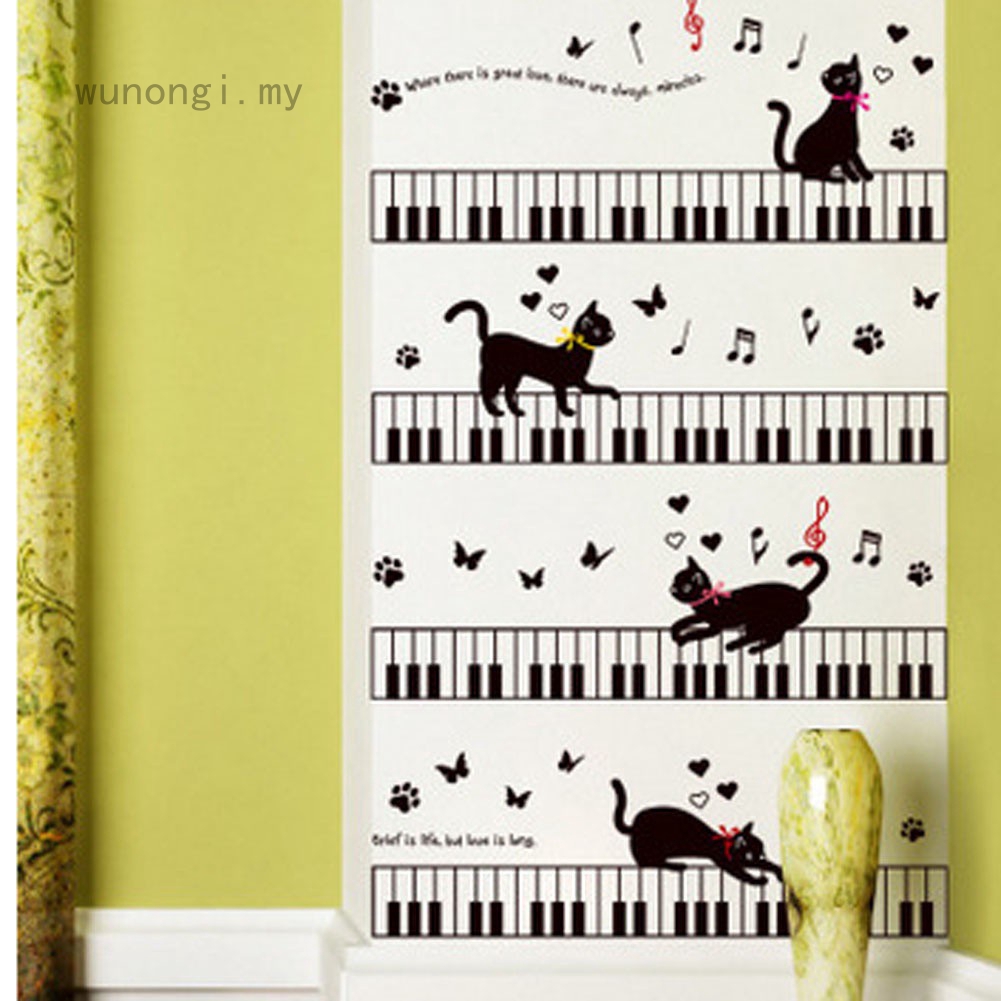 Piano Keys Black Cat Home Room Decor Removable Wall Stickers Decal Decoration