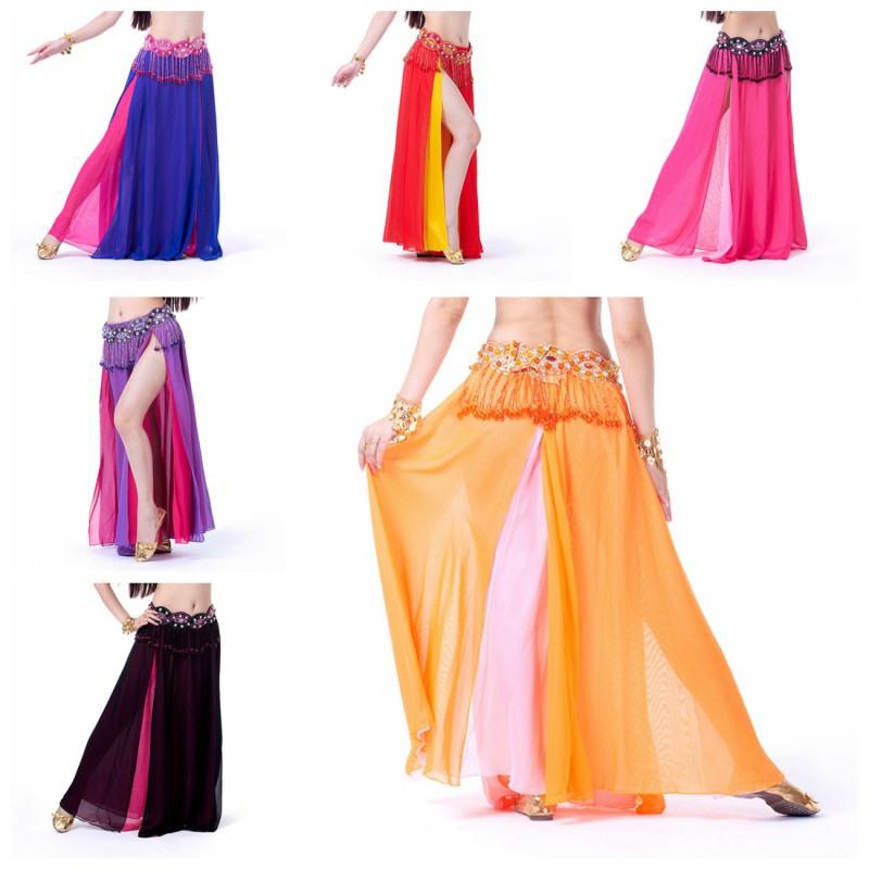 New Women's Belly Dance Layers Long Skirt Imitation silk&Chiffon Colored 