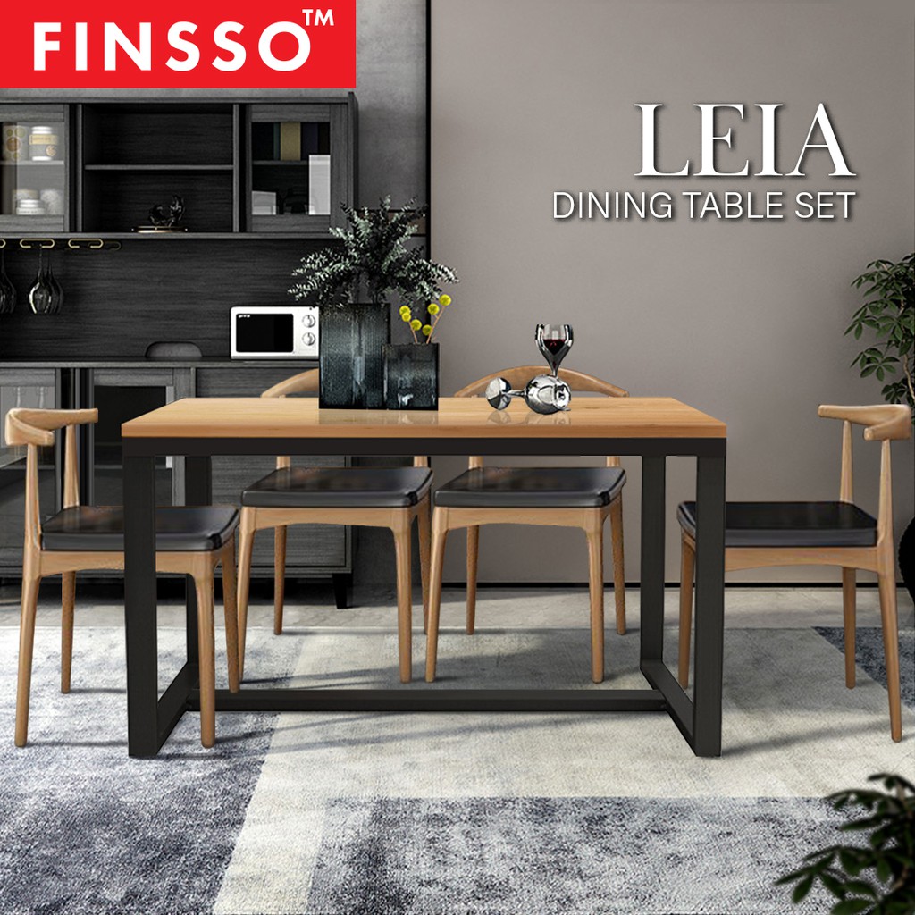 FINSSO: LEIA Solid Rubber Wood Dining Table Sets with 4 Dining Chairs