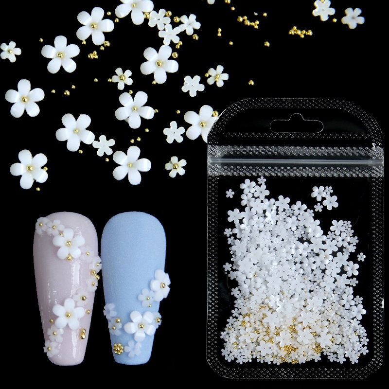 ❤ 5g/bag White Flower Acrylic Nail Rhinestones Mixed Nail Gems Nail Art Decorations Accessories 3D Manicure 白色小花美甲饰品|