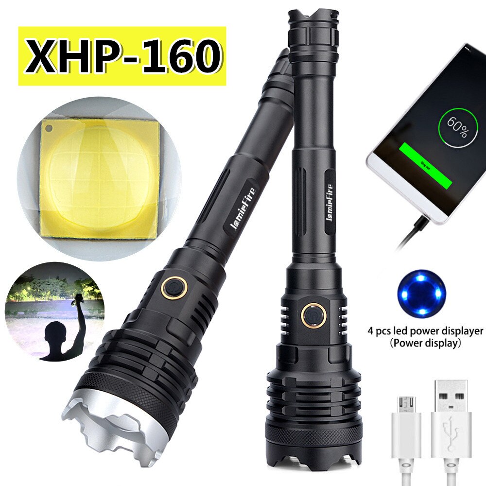 Powerful Flashlight XHP160/XHP100/XHP90 Torch USB Rechargeable Tactical Hunting