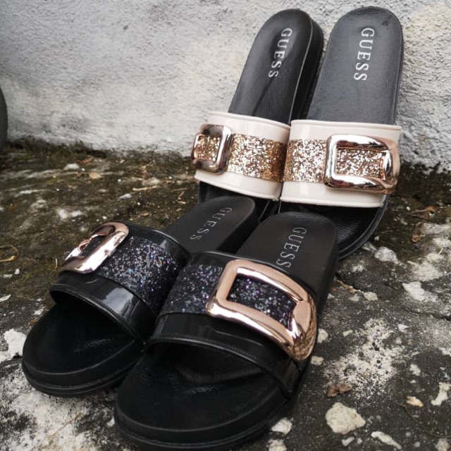 GUESS SLIP ON SLIDE SANDALS GLAMOROUS GLITTER ✨ SELIPAR PEREMPUAN WANITA GADIS JALAN OOTD STAY HOME MURAH