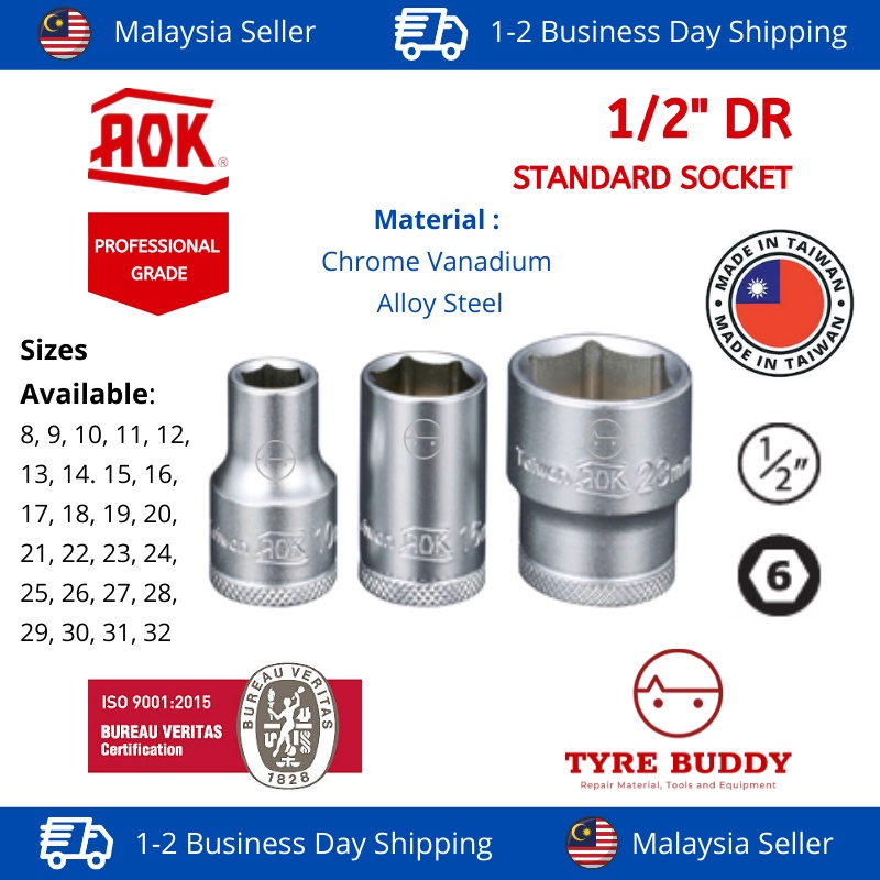 [TAIWAN] AOK 1/2 Inch DR 6PT Standard Chrome Socket Box 8-32MM; Toyo; Heavy Duty; Soket Pendek; Segi Enam; Drive; King