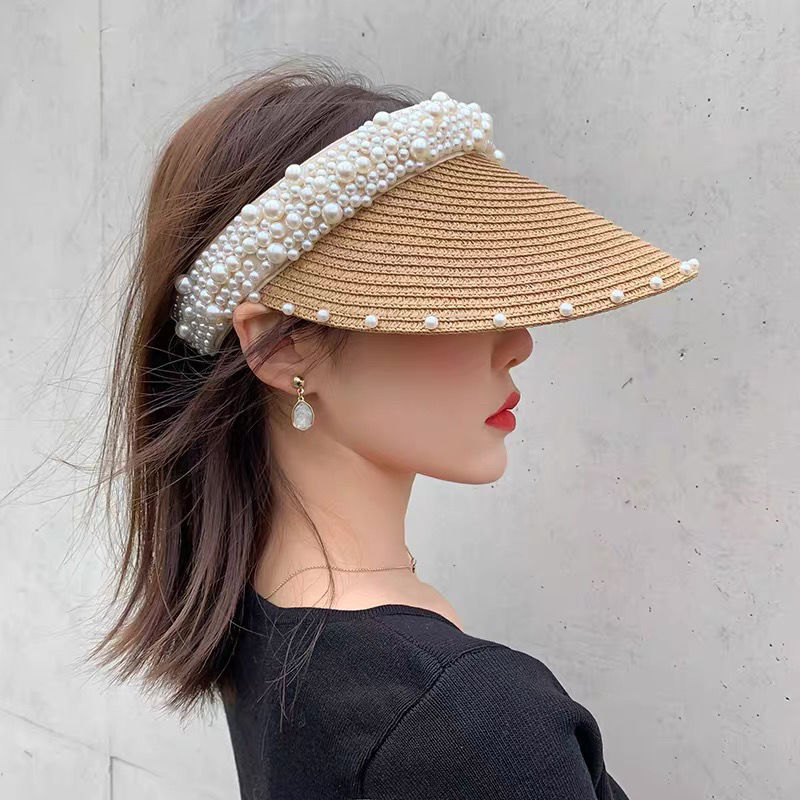 Ready stock] Beach pearls straw hat women 女帽子夏 summer Korean style white  beads hair band hats handmade fashion caps H37 | Shopee Malaysia
