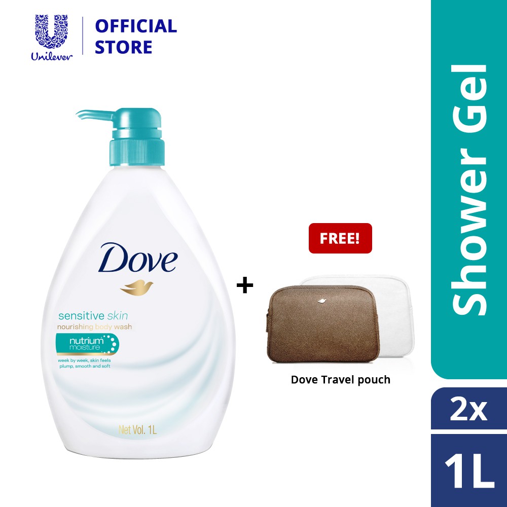 Dove Shower Gel Sensitive Skin 1L x 2 FOC Dove Travel Pouch Shopee
