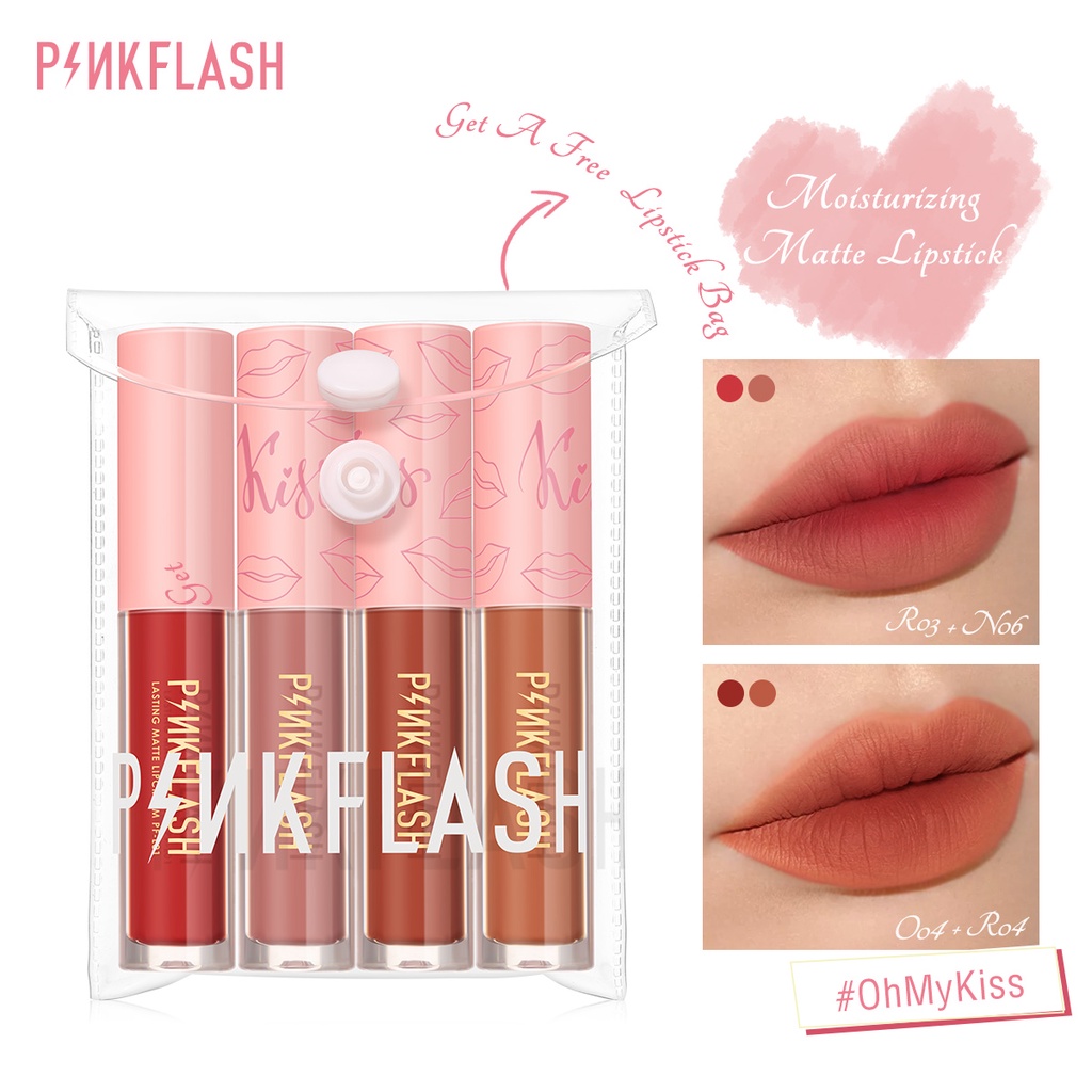 Pinkflash 5PCS Lip Set OhMyKiss Matte Liquid Lipstick Soft VE Moisturising Transparenlipstick Bag