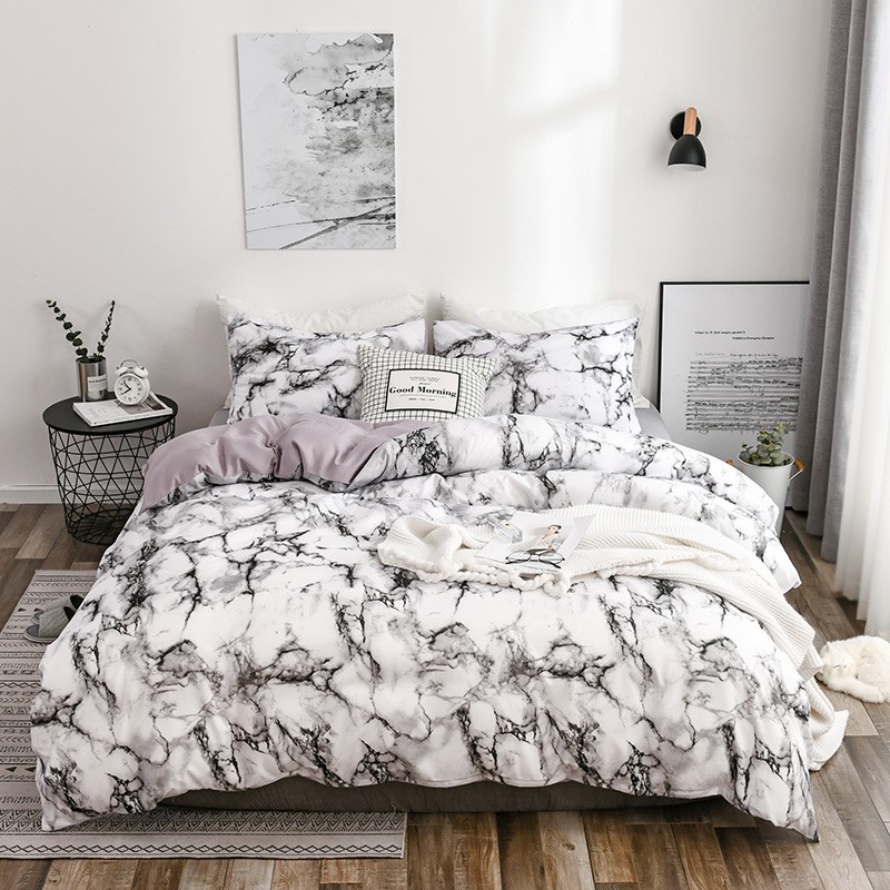 Printed Marble Bedding Set Cadar Set White Black Duvet Cover King