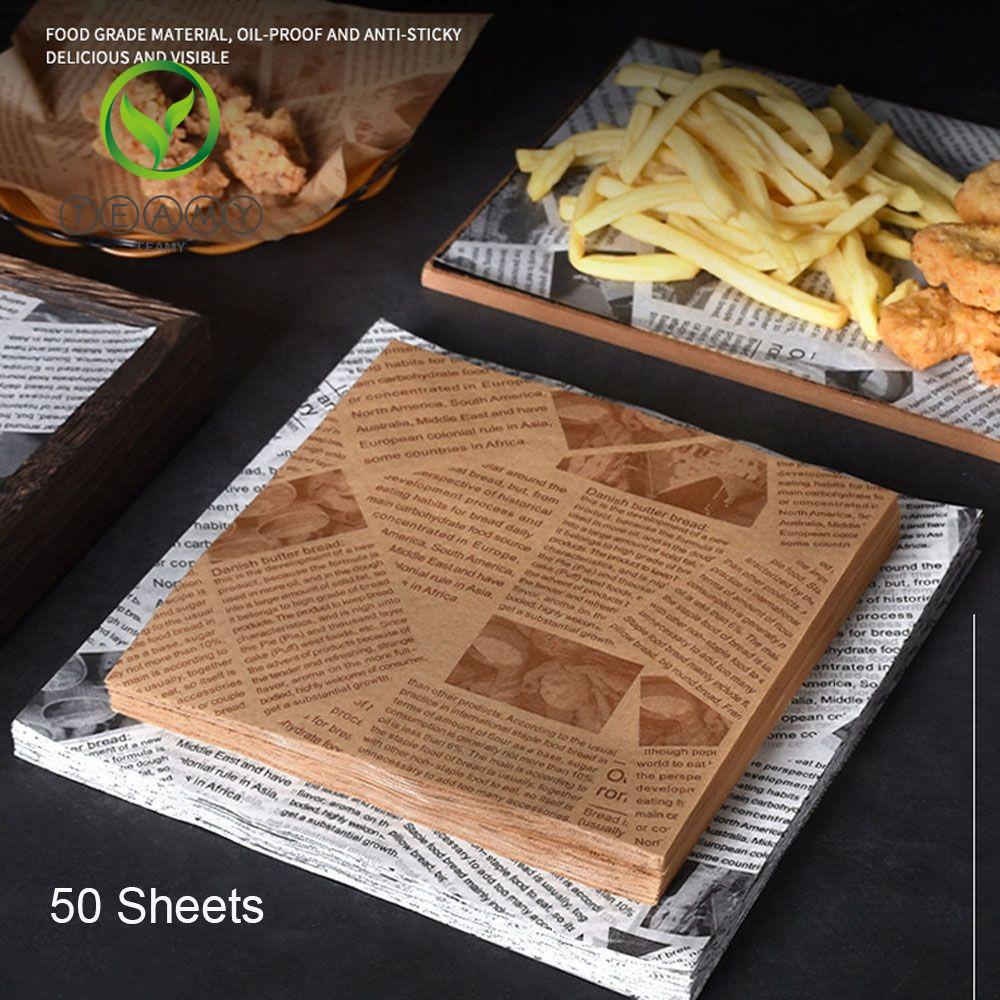 TEAK 50 Sheets Thickened Grease Paper Retro English Cookie Oilpaper Bread Sandwich Printing Bakeware Baking Tools Food Grade Burger Fries Wrappers/Multicolor