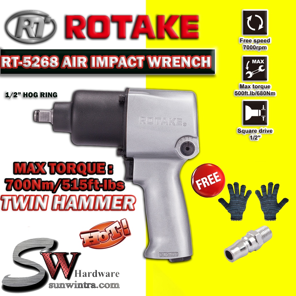 ROTAKE 1/2" TWIN HAMMER HEAVY DUTY HOG RING AIR IMPACT WRENCH RT5268