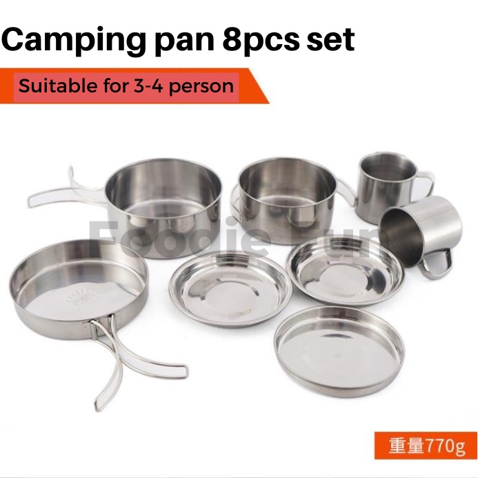 Camping Cooking 8pcs Stainless Steel Portable Cookware Set Berkhemah Set Peralatan Masak