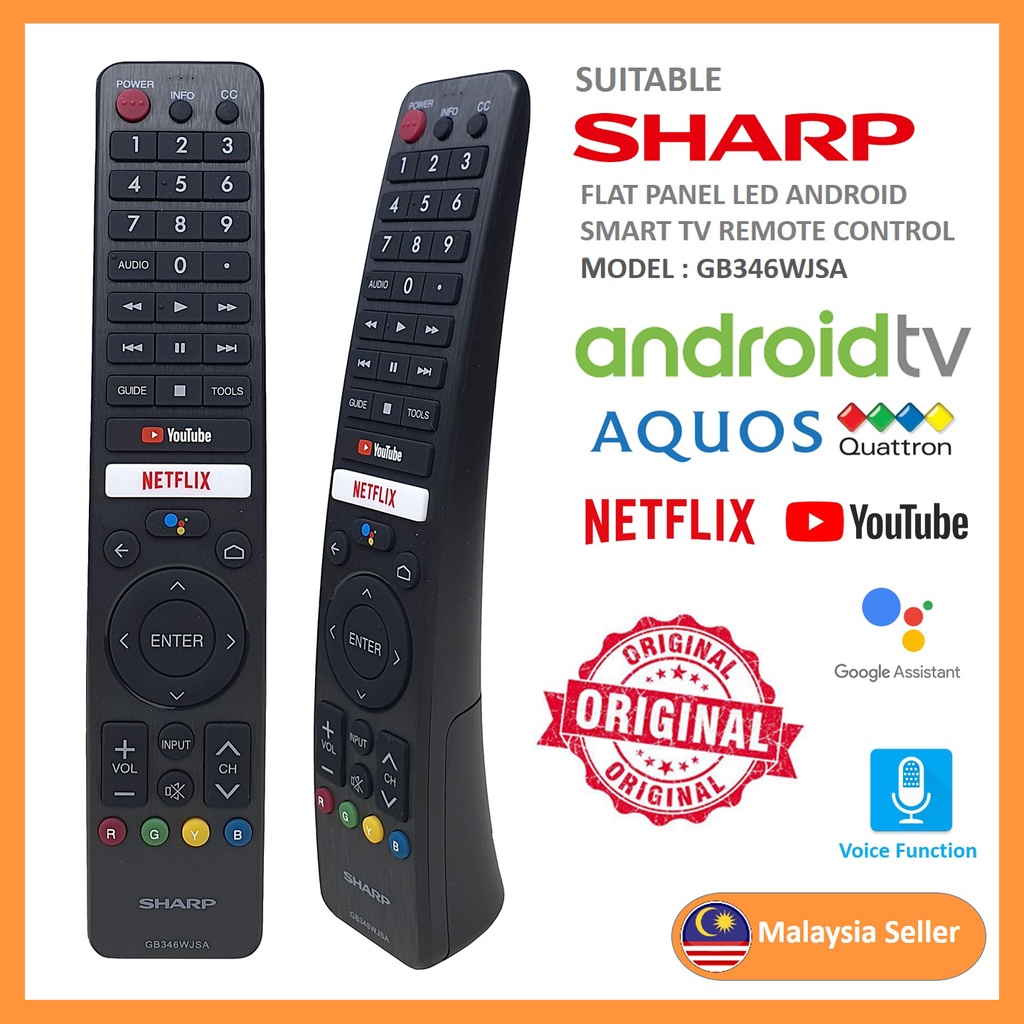 **Original** Sharp Google Assistant Voice Netflix Android Smart TV Remote Control Model: GB346WJSA