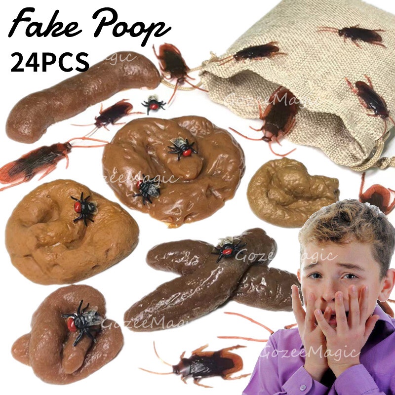 24PCS Prank Fake Poop Crap Poo Gross Joke Dirty Trick Disgusting High Shit Fly Flies April Fool's Day Thriller Toy Halloween Props