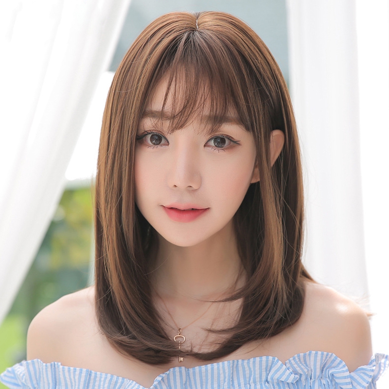 Korean Style Women Medium Wig With Bangs Curly Wavy Hair Shopee