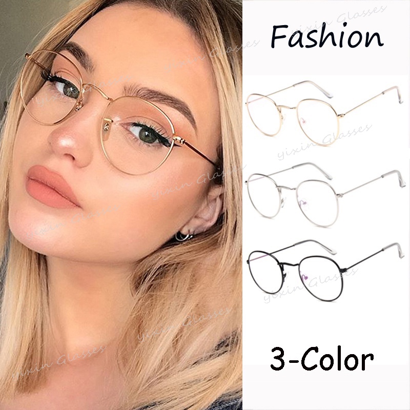 Women Men Gold Frame Spectacle Frame Clear Lens Round Metal Glasses