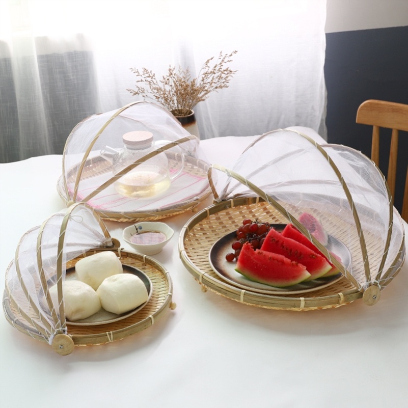 Food Bamboo Food Serving Tent Basket Hand-Woven Basket Serving Dustproof Round Picnic Basket Vegetable Fruits Bread Food