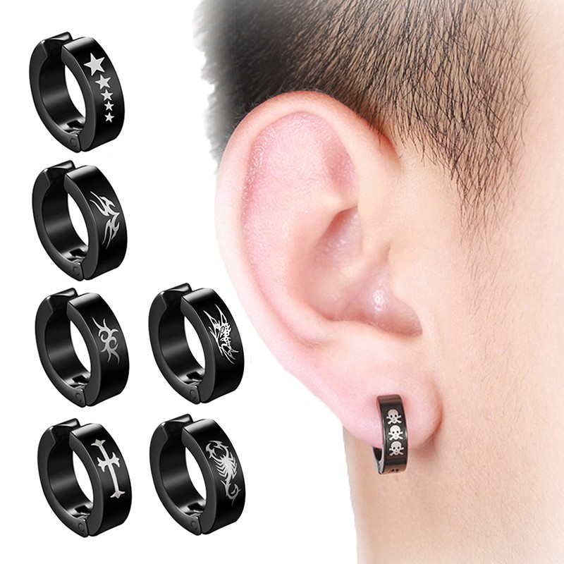 1 Pair Punk Mens Earrings Black Titanium Steel Ear Clips Round Non Piercing  Clip On Earrings | Shopee Malaysia