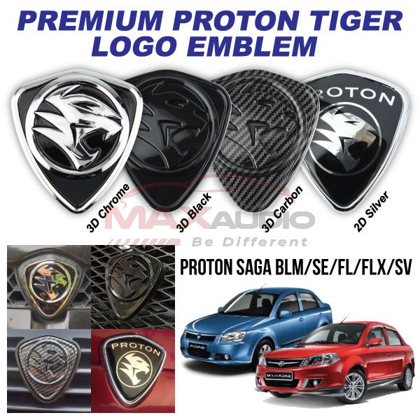 Car Emblem PROTON SAGA BLM SE FL FLX SV Logo 3D Tiger No Color Fade Front Rear Premium Chrome Black Carbon ABS Sticker