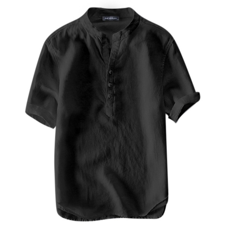 Men Loose Fit Cotton Linen  Plain V Neck Short Sleeve Shirt