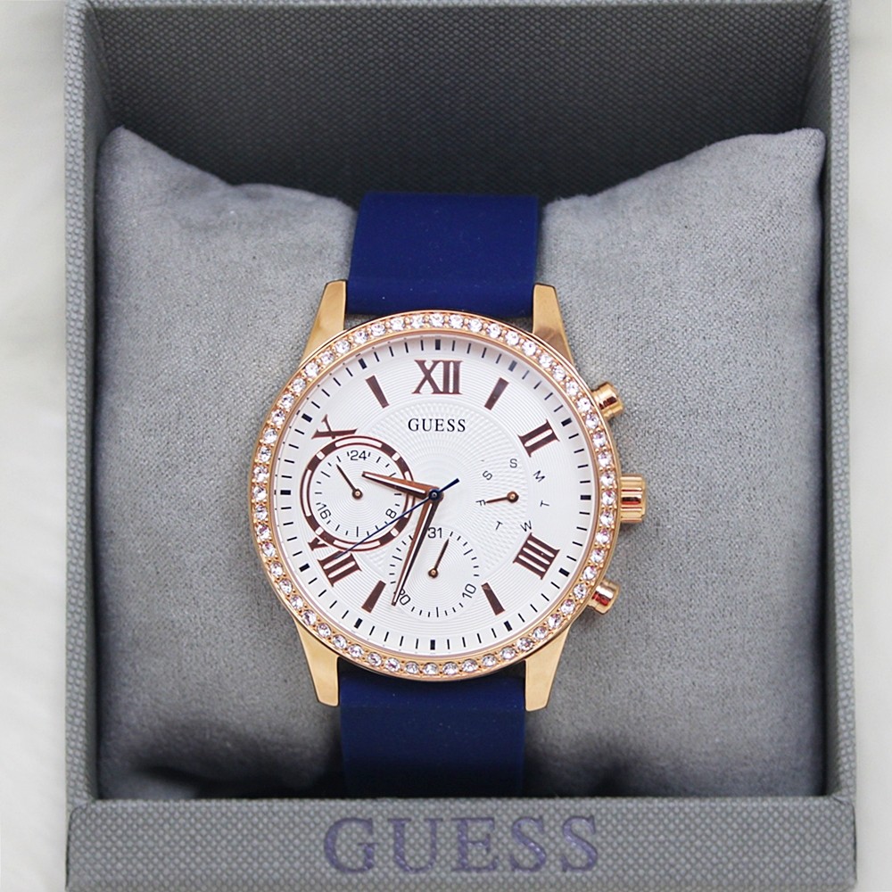 Guess U1135l3 Multifunction Crystal Women Blue Rose Gold Watch