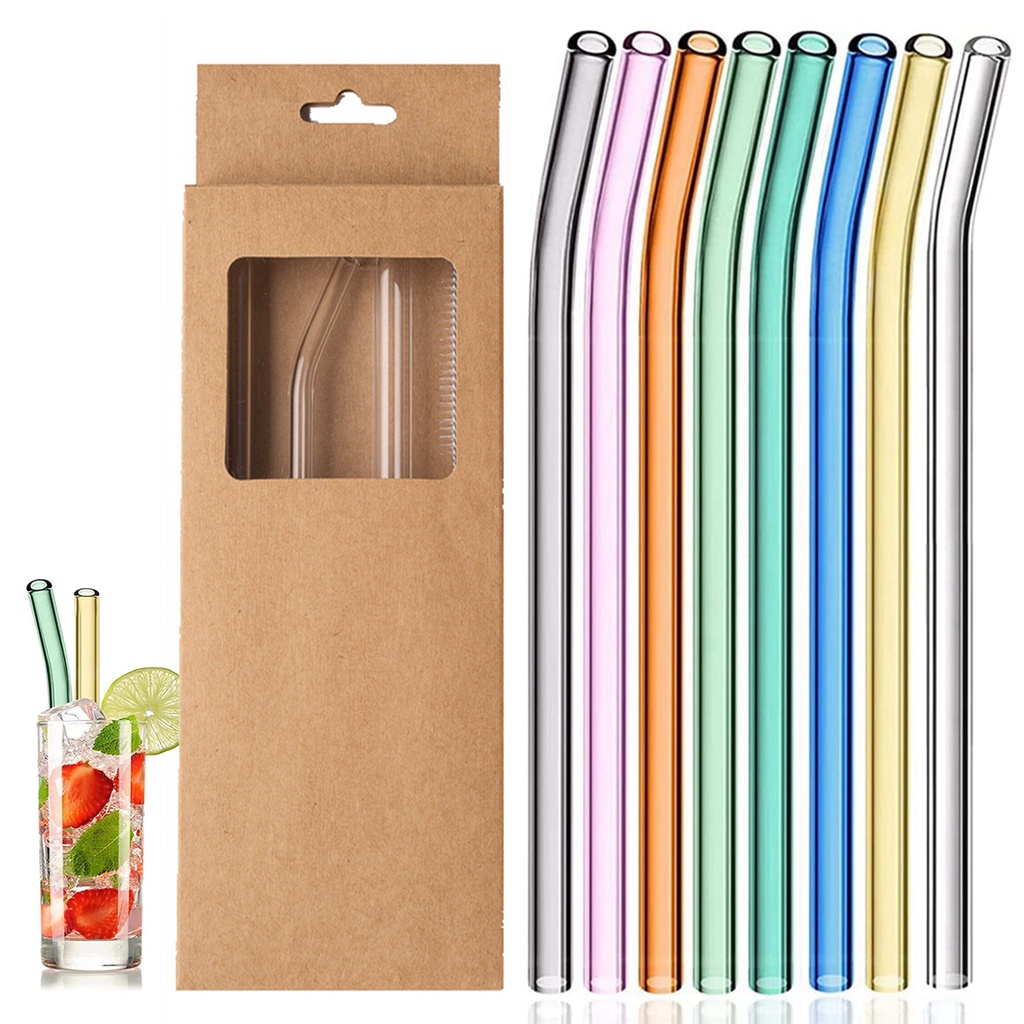 8pcs Eco-Friendly Glass Straws Reusable Drinking Straws Multi-color Glass Cocktail Straws for Milkshakes Juice Milk Coffee Bar Drinkware Accessory Box Packing