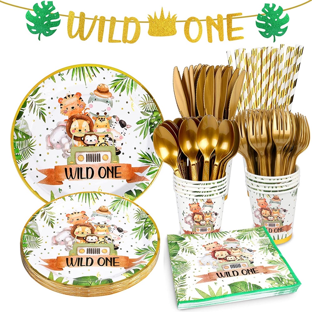 Jungle Animal Green Forest Wild One Kids Birthday Party Supplies Decoration Disposable Tableware