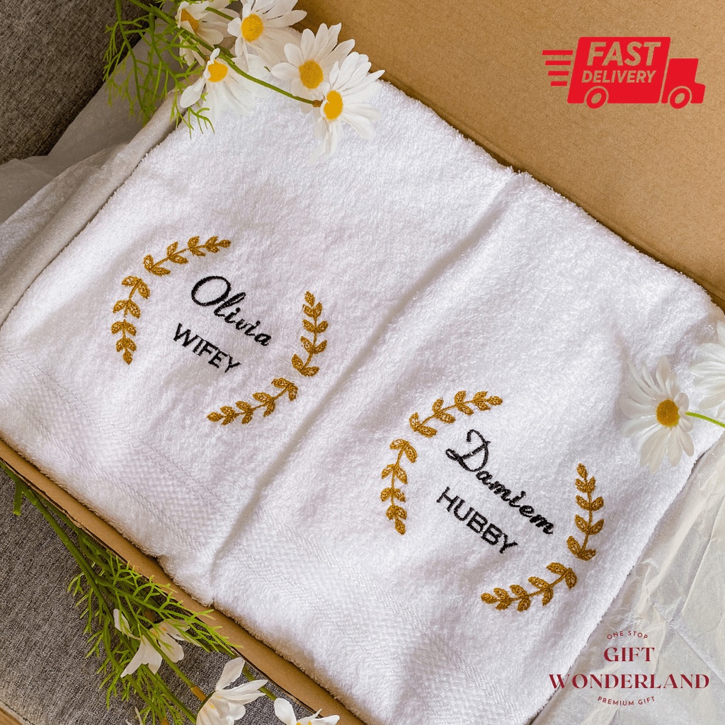 HUBBY/WIFEY Couple Towel Set Custom towel Personalised Embroidery name
