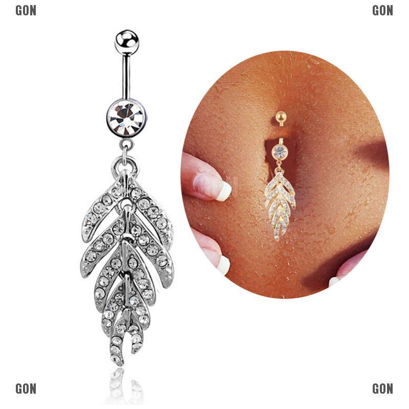 Belly Button Ring Navel Piercing Jewelry Crystal Rhinestone Double Leaf CherryJB