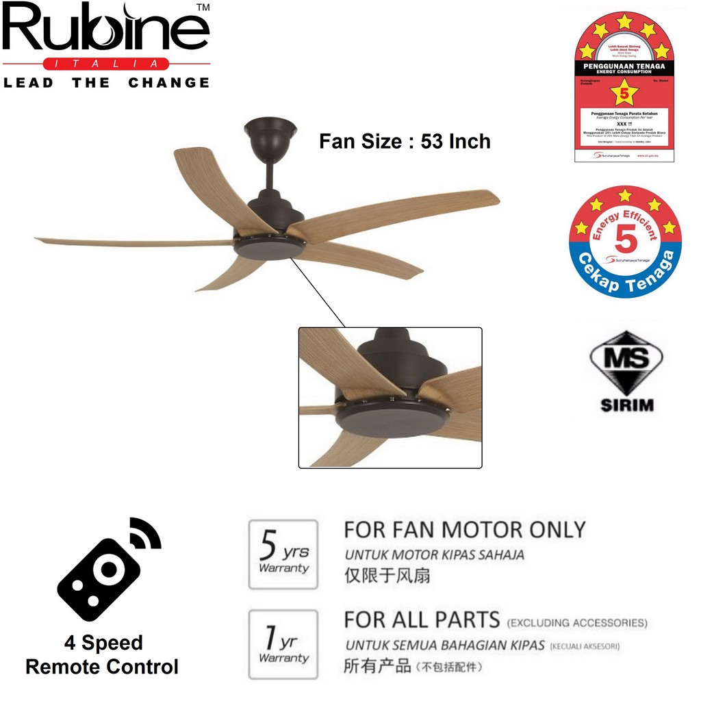 Rubine 4 Speed Remote Control Ceiling Fan 53 Rcf Vento53