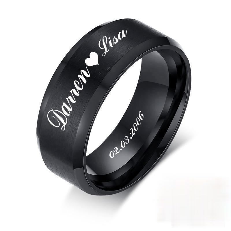 Personalized Custom Name Letter Date Rings Stainless Steel Brushed Wedding Band Ring for Men Women Silver / Black / Gold / Rose Gold/Blue