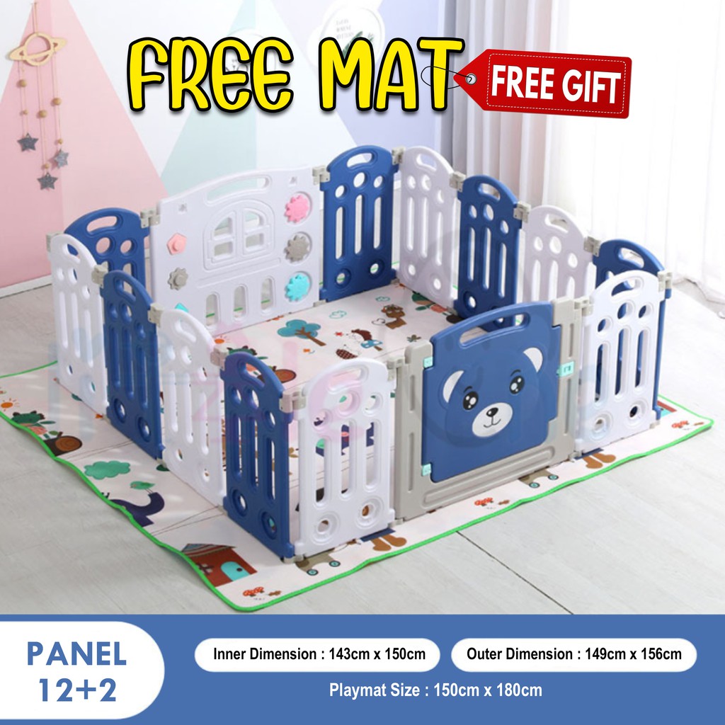 shopee: Baby Fence with Door Gate (10/12/14/16/18/20 Panel) Safety Foldable Baby Playpen Baby Kid Safety Play Fence Playground (0:5:Type:12+2 (14)BLUE WHITE;:::)