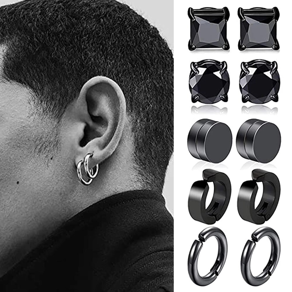 1 Pair 316L Stainless Steel Magnetic Stud Earring for Men Women hypoallergenic Clip On Non Pierced Cool Black CZ Earring Set