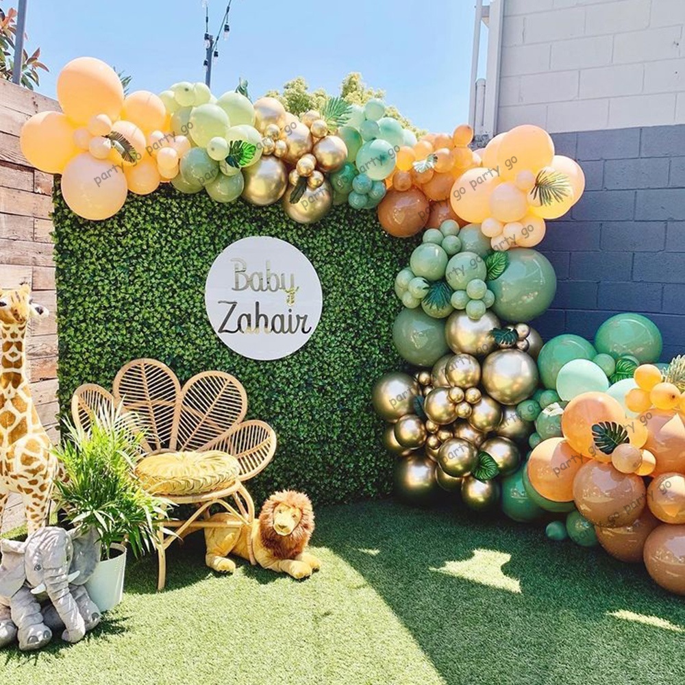 142pcs Retro Green Avocado Balloon Garland Caramel Metal Gold Latex