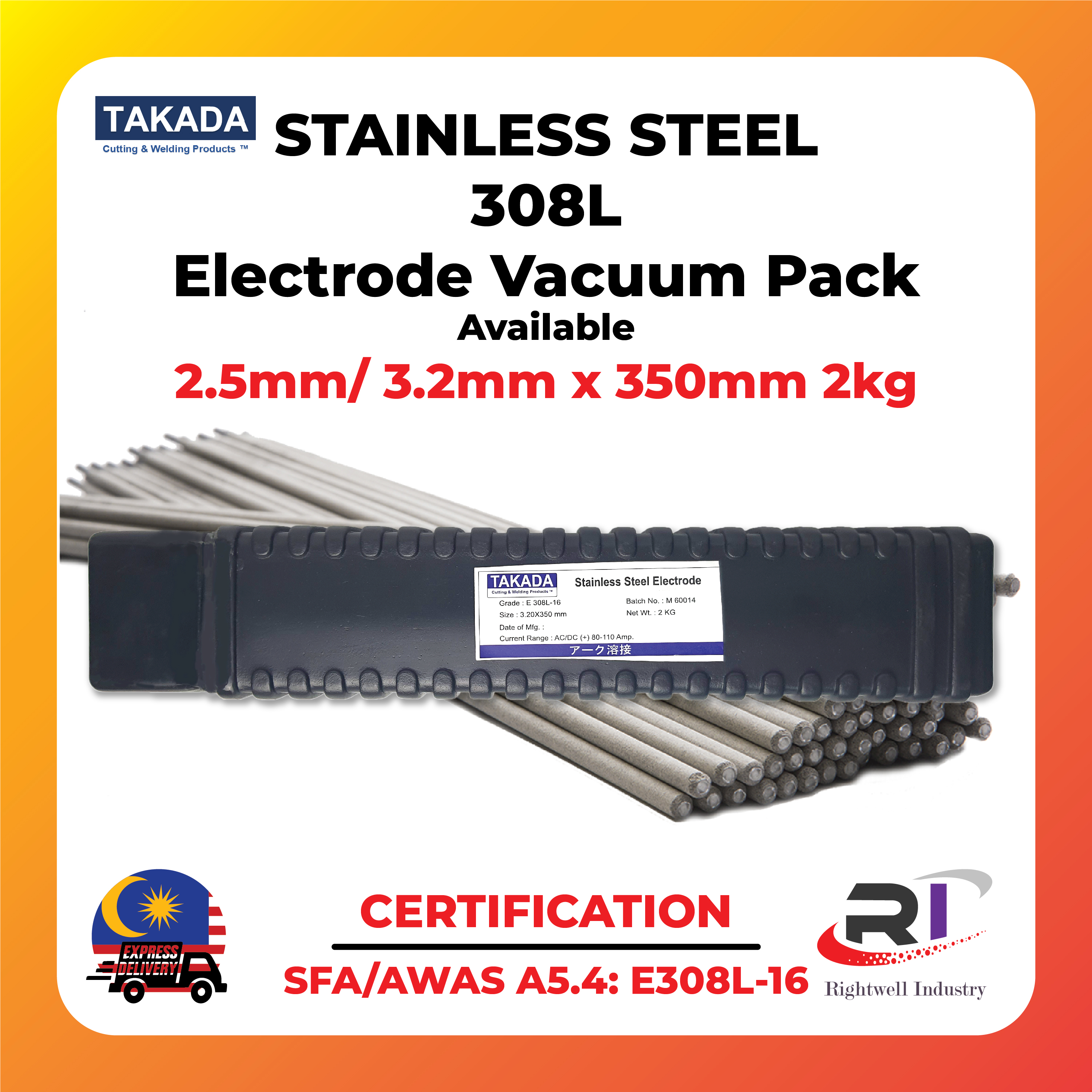 Takada Stainless Steel 308l Welding Electrode Arc Mma Smaw 2kg Shopee Malaysia