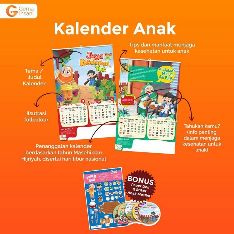 Health Theme Calendar / 2021 Wall Calendar / Islamic Children Calendar