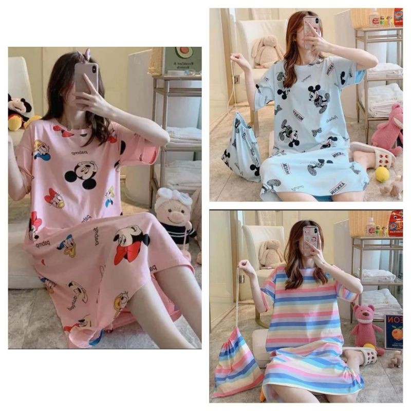 Readystock❤️Women Pyjamas Dress one piece dress pajamas baju tidur perempuan baju perempuan Nightwear night wear t shirt