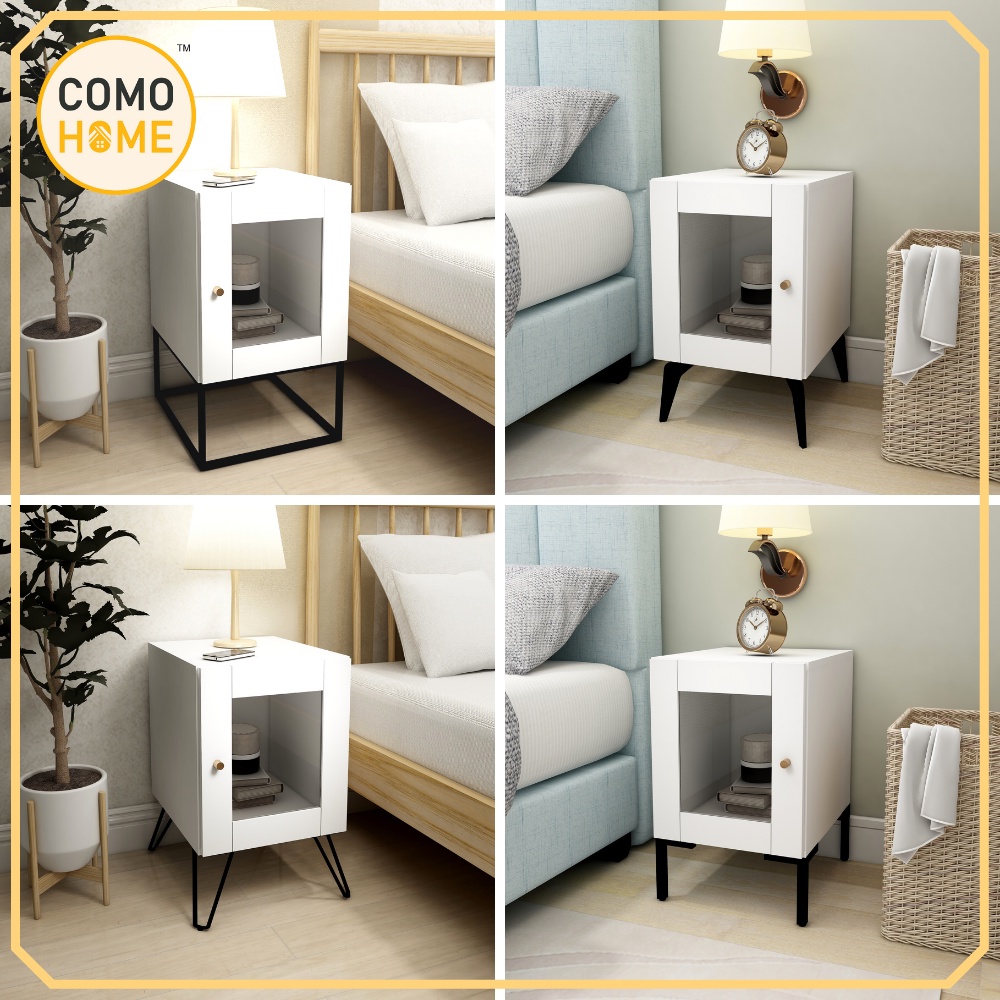 White Color Bedside Table Melamine Laminated with Open Glass Door