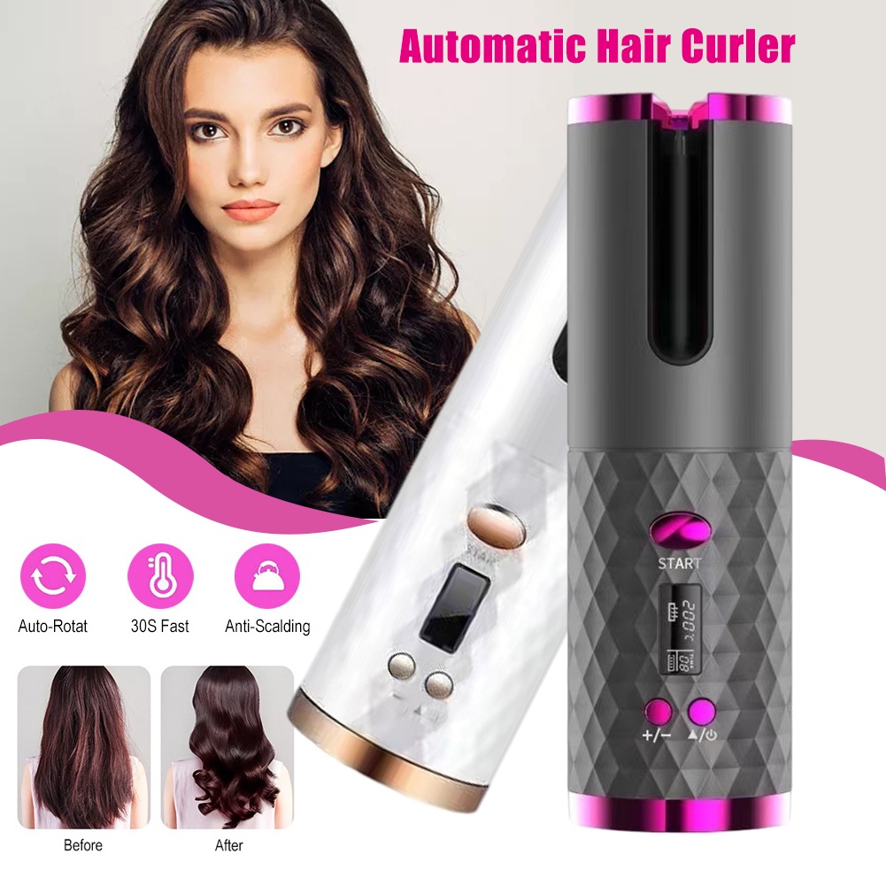 Wireless Ceramic USB Rechargeable with LED Digital Display Rotating Curling Hair Styler Automatic Hair curler lcd display ceramic curly rotating wave styler