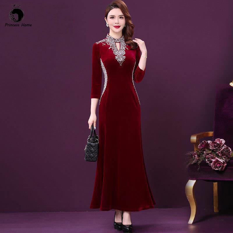 baju wanita outfit korean style pakaian jamuan Dinner Gown 2023 annual autumn new female temperament of evening party toast the bride light luxury brand pleuche diamond dress