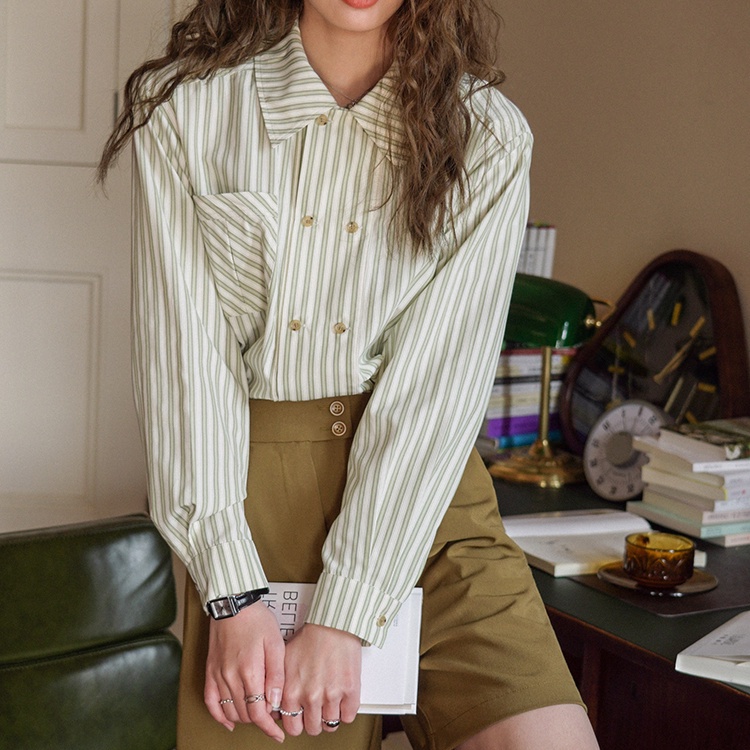 Green Striped Shirt Women's Summer Loose Casual Vintage Allmatch Long