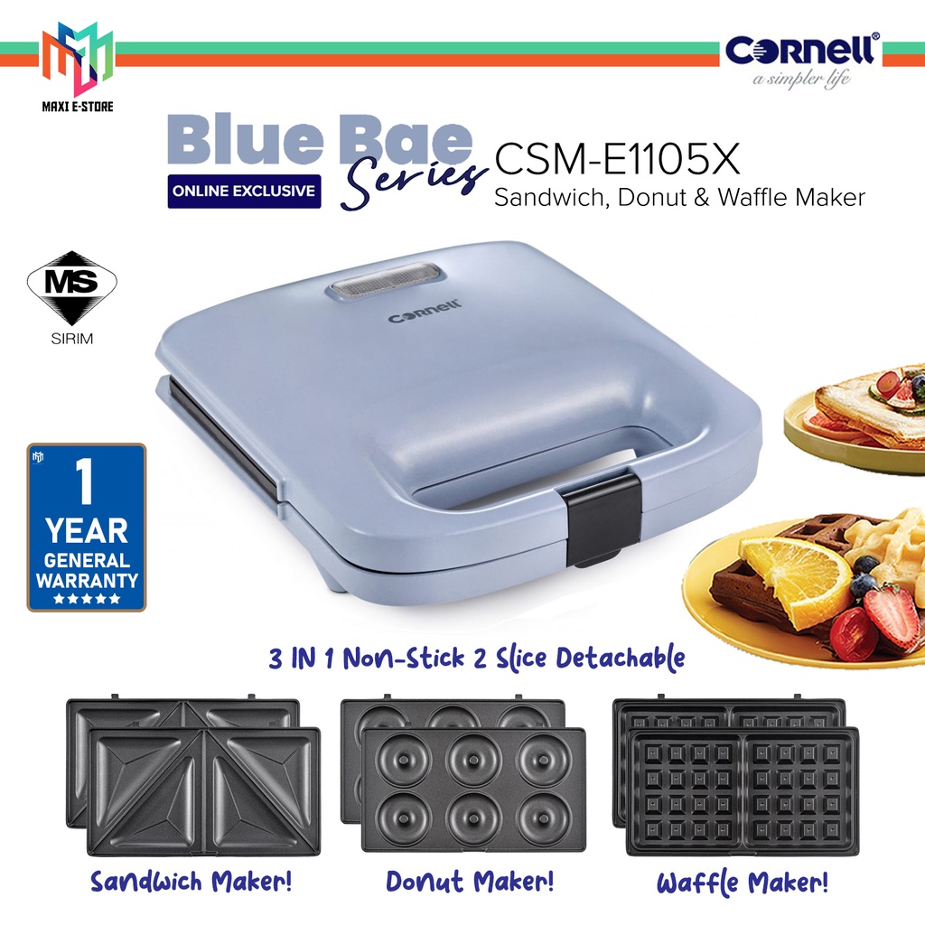 Cornell CSM-E1105X Blue Bae 3 In 1 Non-Stick Snack Sandwich Maker Donut Waffle [Free Bubble Wrap] - CSME1105X