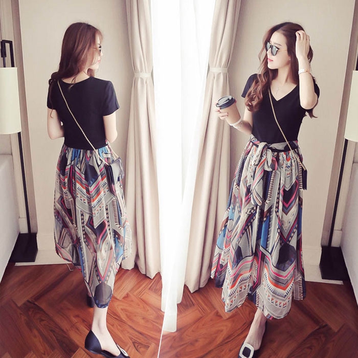 Women floral korean  fashion  casual chiffon v neck high 